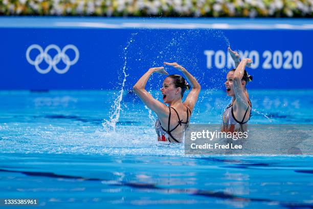 Alexandra Nemich and Yekaterina Nemich of Team Kazakhstan compete in the Artistic Swimming Duet Technical Routine on day eleven of the Tokyo 2020...
