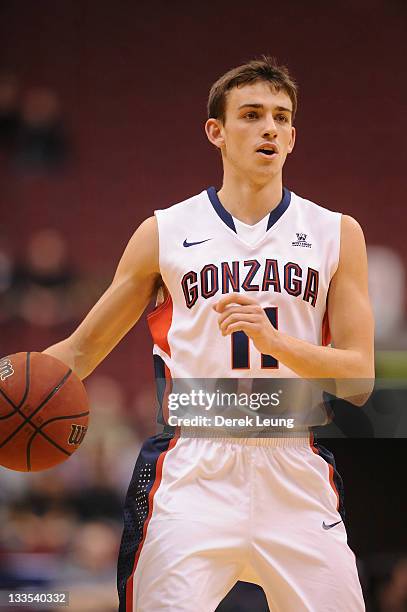 David Stockton of the Gonzaga Bulldogs controls the ball during the game against the Hawaii Rainbow Warriors at Rogers Arena on November 19, 2011 in...