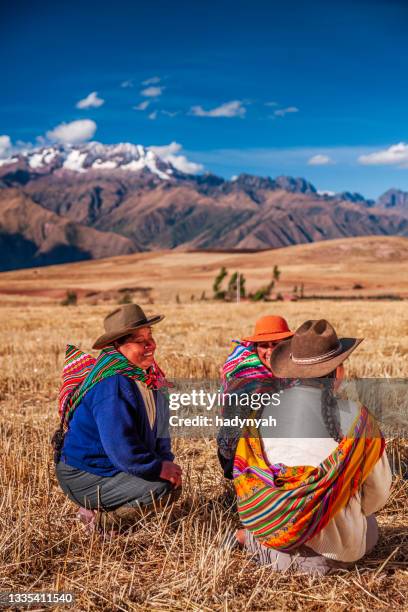 peruvian women in national clothing crossing field, the sacred valley - urubamba valley stock pictures, royalty-free photos & images