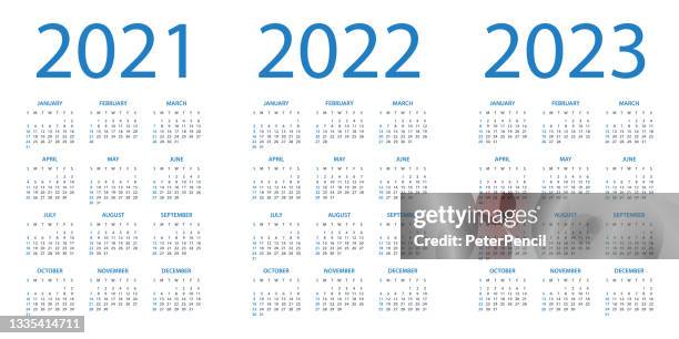 calendar 2021 2022 2023 - symple layout illustration. week starts on sunday. calendar set for 2021 2022 2023 years - calendar isolated stock illustrations