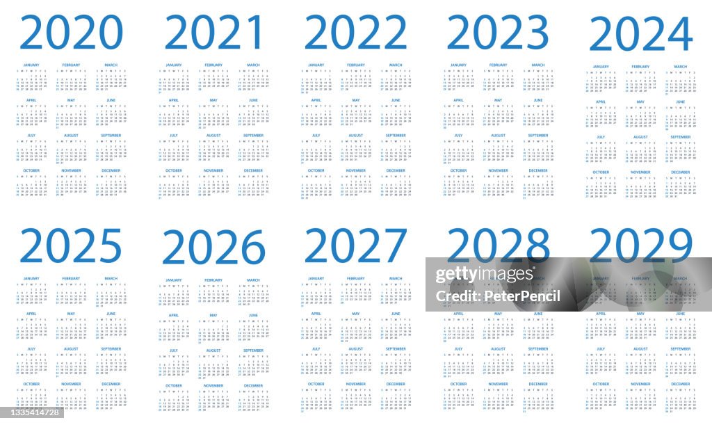 Calendar 2020 2021 2022 2023 2024 2025 206 2027 2028 2029 - Symple Layout Illustration. Week starts on Sunday. Calendar Set for 2020 2021 2022 2023 2024 2025 2026 2027 2028 2029 years