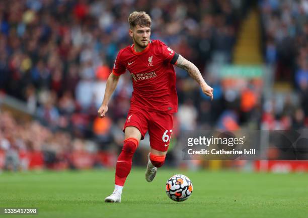 Harvey Elliott of Liverpool during the Premier League match between Liverpool and Burnley at Anfield on August 21, 2021 in Liverpool, England.