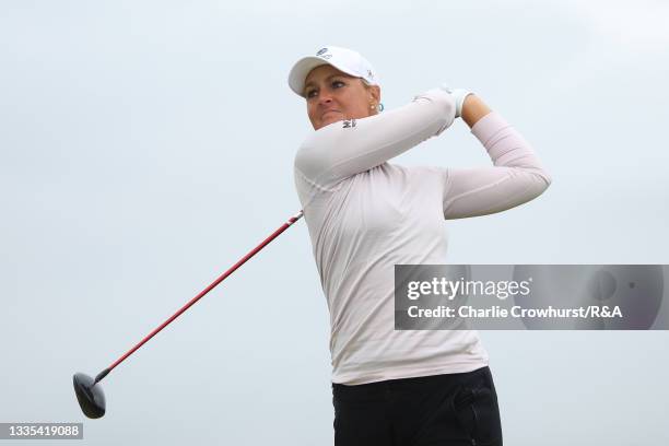 Anna Nordqvist of Sweden tees off on the fifteenth hole during Day Three of the AIG Women's Open at Carnoustie Golf Links on August 21, 2021 in...