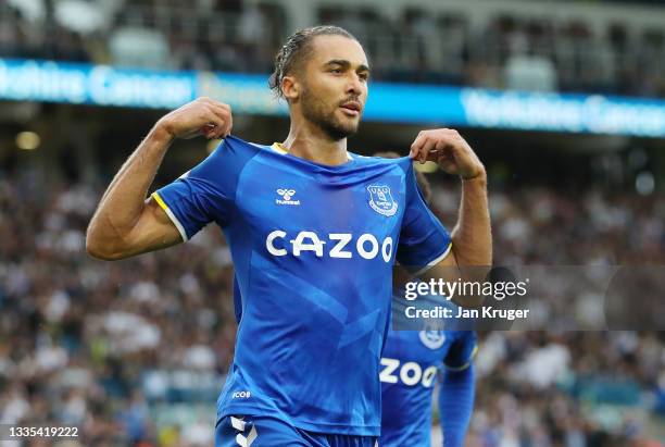 Dominic Calvert-Lewin of Everton celebrates after scoring their side's first goal from the penalty spot during the Premier League match between Leeds...