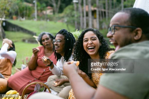 smiling friends at the picnic - atividades de fins de semana imagens e fotografias de stock