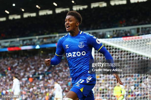 Demarai Gray of Everton celebrates after scoring their side's second goal during the Premier League match between Leeds United and Everton at Elland...