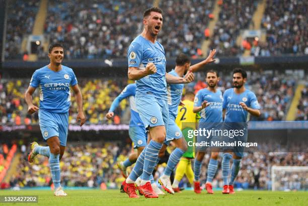 Aymeric Laporte of Manchester City celebrates after scoring their side's third goal during the Premier League match between Manchester City and...