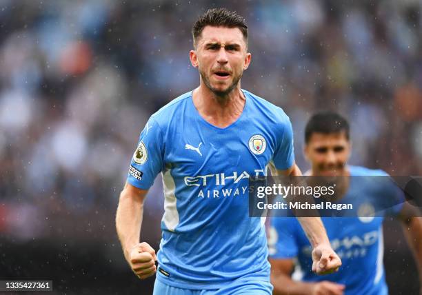 Aymeric Laporte of Manchester City celebrates after scoring their side's third goal during the Premier League match between Manchester City and...