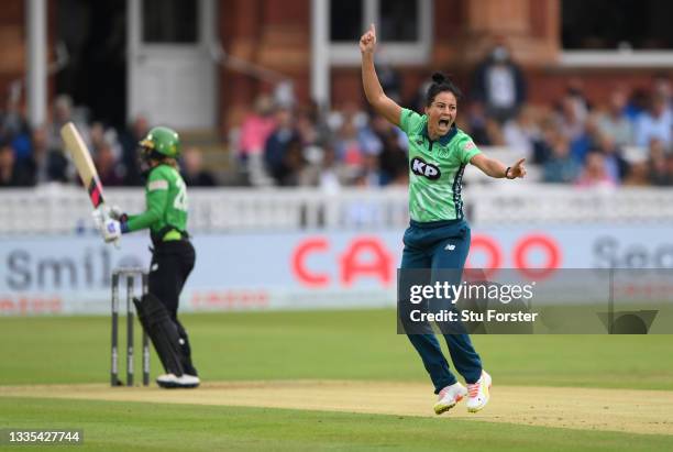 Oval bowler Marizanne Kapp celebrates after taking the wicket of Brave batter Danni Wyatt during The Hundred Final match between Southern Brave Women...