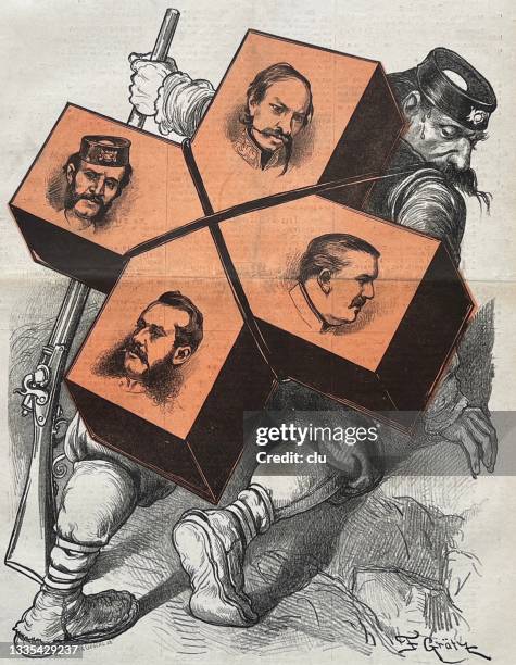 the people, here a symolic soldier, are heavily contributing to the burden of 4 incompetent politicians - 1876 stock illustrations