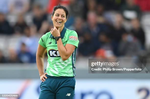 Marizanne Kapp of Oval Invincibles smiles during The Hundred Final match between Southern Brave Women and Oval Invincibles Women at Lord's Cricket...