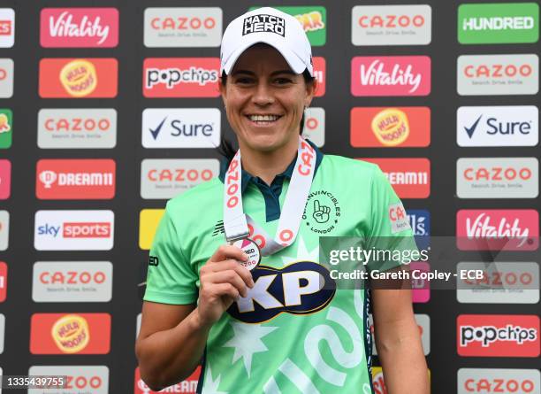 Match Hero Marizanne Kapp of Oval Invincibles Women poses following The Hundred Final match between Southern Brave Women and Oval Invincibles Women...