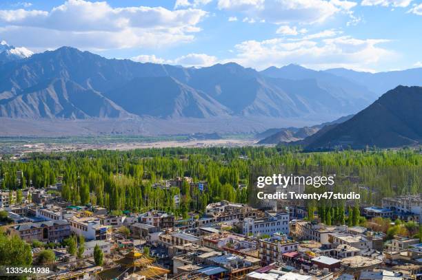 high angle view of leh city the capital city in ladakh region, jammu and kashmir,india - jammu en kasjmir stockfoto's en -beelden
