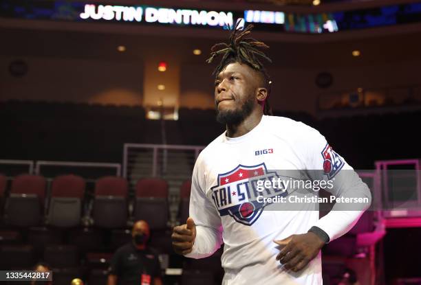 Nate Robinson of Tri-State runs onto the court during player introductions before a game against Triplets in Week Eight at the Orleans Arena on...