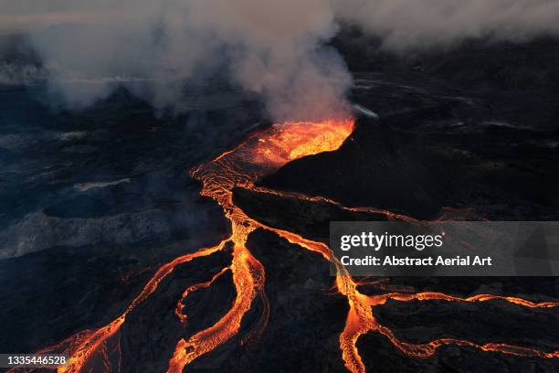 fagradalsfjall volcano seen from an aerial perspective, reykjanes peninsula, iceland - lava plain stock pictures, royalty-free photos & images