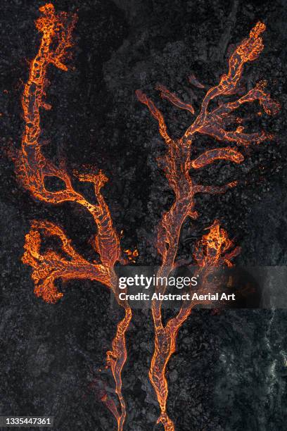 lava patterns photographed by drone, fagradalsfjall volcano, reykjanes peninsula, iceland - volcanic landscape stock pictures, royalty-free photos & images