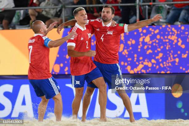 Alexey Makarov of Football Union Of Russia celebrates with teammate Andrei Novikov after scoring their side's first goal during the FIFA Beach Soccer...