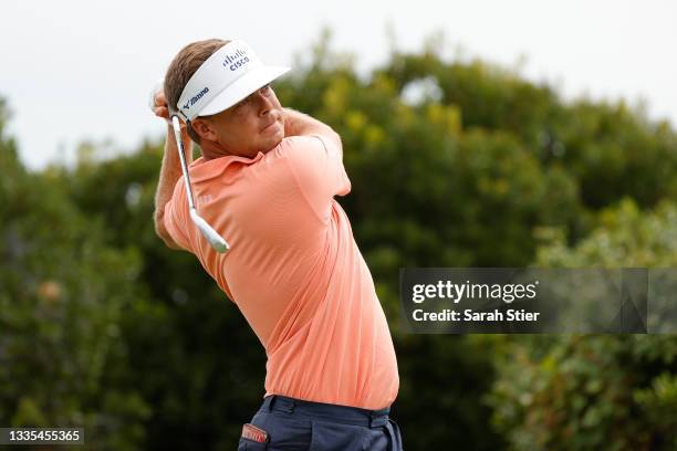 Keith Mitchell of the United States plays his shot from the third tee during the third round of THE NORTHERN TRUST, the first event of the FedExCup...