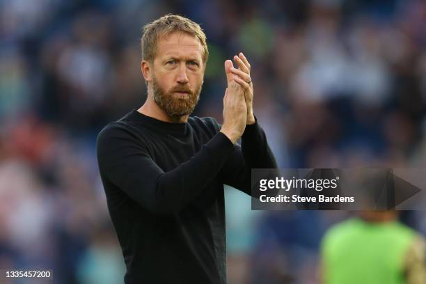 Graham Potter, Manager of Brighton and Hove Albion applauds the fans following the Premier League match between Brighton & Hove Albion and Watford at...