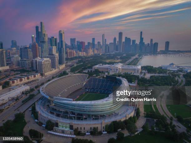 In an aerial view, Soldier Field is seen before a preseason game between the Chicago Bears and the Buffalo Bills at Soldier Field on August 21, 2021...