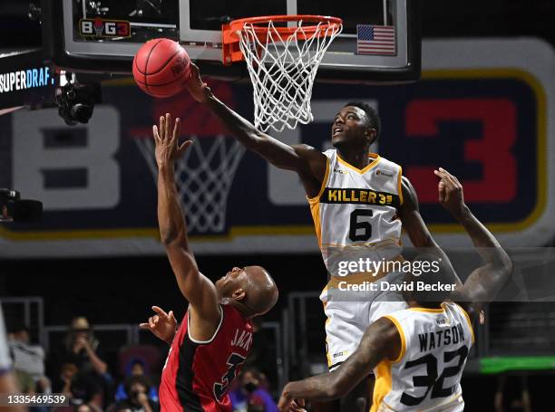 Franklin Session of Killer 3's blocks a shot by Jarrett Jack of Trilogy during a BIG3 game in Week Eight at the Orleans Arena on August 21, 2021 in...