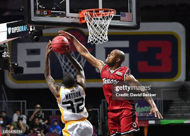 Watson of Killer 3's goes up for a shot against Jarrett Jack of Trilogy during a BIG3 game in Week Eight at the Orleans Arena on August 21, 2021 in...