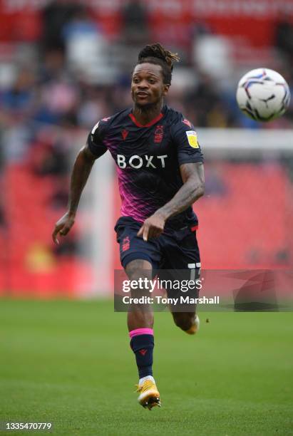 Gaetan Bong of Nottingham Forest during the Sky Bet Championship match between Stoke City and Nottingham Forest at Bet365 Stadium on August 21, 2021...