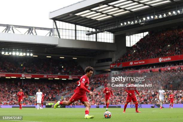 Trent Alexander-Arnold of Liverpool during the Premier League match between Liverpool and Burnley at Anfield on August 21, 2021 in Liverpool, England.
