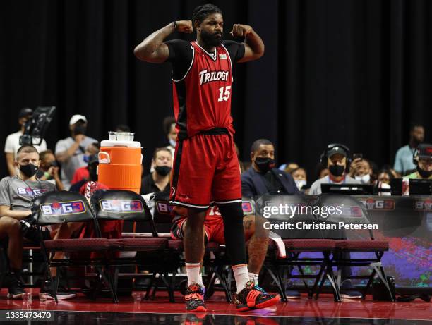 Amir Johnson of Trilogy flexes after a play against Killer 3's during a BIG3 game in Week Eight at the Orleans Arena on August 21, 2021 in Las Vegas,...