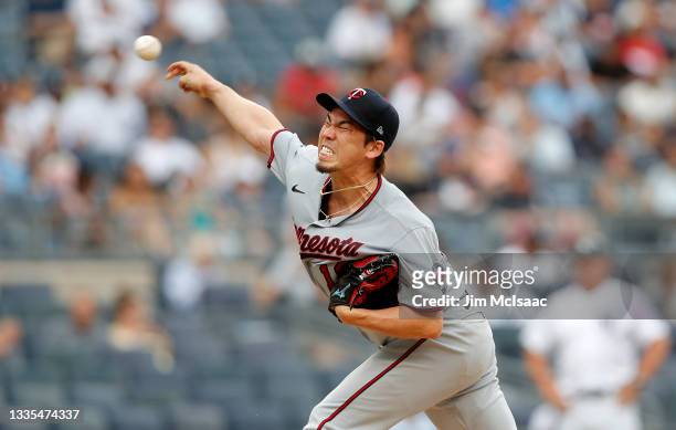 Kenta Maeda of the Minnesota Twins pitches during the fourth inning against the New York Yankees at Yankee Stadium on August 21, 2021 in New York...
