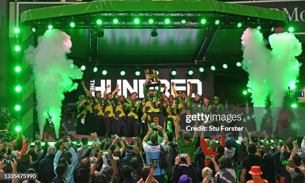 Captain James Vince lifts the trophy as the Southern Brave are champions after The Hundred Final match between Birmingham Phoenix Men and Southern...