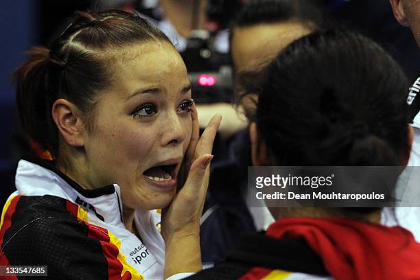 Jessica Simon and Anna Dogonadze of Germany celebrate winning gold in the Synchronized Trampoline Womens Final during the 28th Trampoline and...