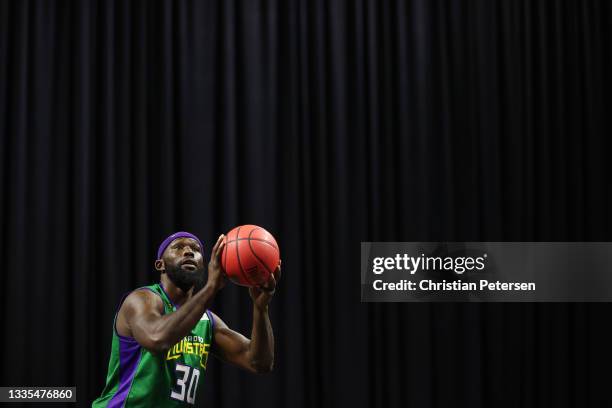 Reggie Evans of 3 Headed Monsters shoots against Ghost Ballers during a BIG3 game in Week Eight at the Orleans Arena on August 21, 2021 in Las Vegas,...