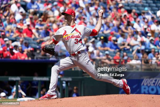 Happ of the St. Louis Cardinals throws in the second inning against the Kansas City Royals at Kauffman Stadium on August 15, 2021 in Kansas City,...