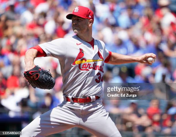 Happ of the St. Louis Cardinals throws in the second inning against the Kansas City Royals at Kauffman Stadium on August 15, 2021 in Kansas City,...