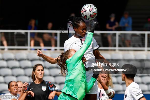 Alice Pinguet and Marie-Antoinette Katoto of Paris Saint-Germain reach for the ball during the first half against Chicago Red Stars at Lynn Family...