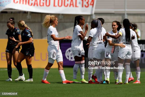 Paris Saint-Germain celebrate a goal by Marie-Antoinette Katoto during the first half against Chicago Red Stars at Lynn Family Stadium on August 21,...