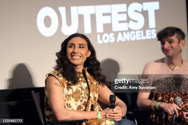River Gallo and Jacob Tobia speak onstage during Outfest Los Angeles LGBTQ Film Festival's 5th Annual Trans and Nonbinary Summit at DGA Theater...