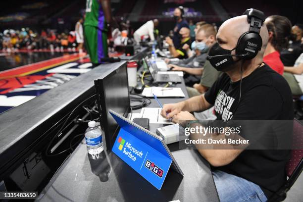 Microsoft Surface is shown in use on the sidelines during a BIG3 game in Week Eight at the Orleans Arena on August 21, 2021 in Las Vegas, Nevada.