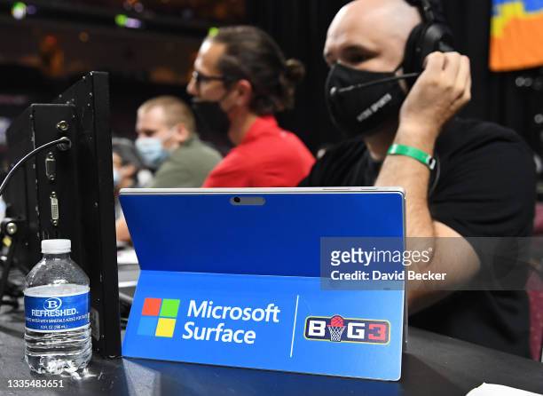 Microsoft Surface is shown in use on the sidelines during a BIG3 game in Week Eight at the Orleans Arena on August 21, 2021 in Las Vegas, Nevada.