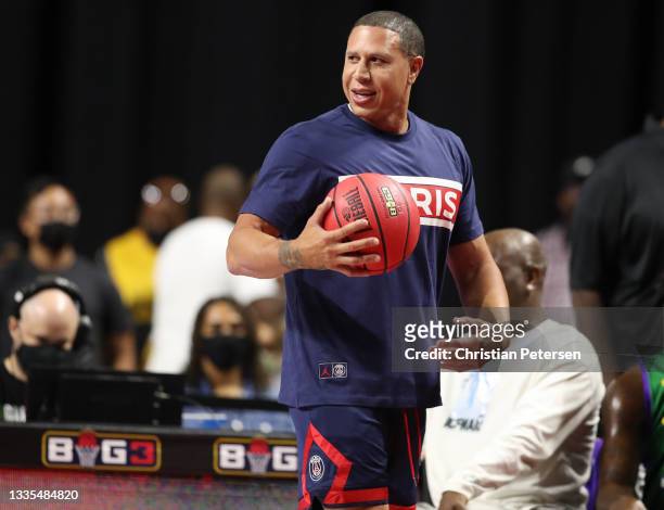 Mike Bibby looks on following a BIG3 game in Week Eight at the Orleans Arena on August 21, 2021 in Las Vegas, Nevada.