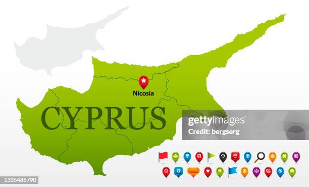 cyprus green map with regions and navigation icons - 塞浦路斯島 幅插畫檔、美工圖案、卡通及圖標