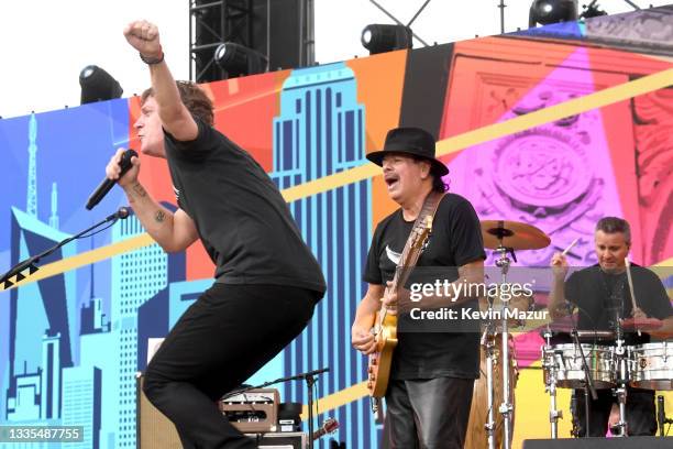 Carlos Santana and Rob Thomas perform during We Love NYC: The Homecoming Concert Produced by NYC, Clive Davis, and Live Nation on August 21, 2021 in...