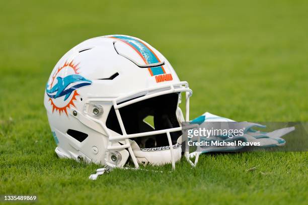 Detail of a Miami Dolphins helmet prior to the preseason game against the Atlanta Falcons at Hard Rock Stadium on August 21, 2021 in Miami Gardens,...