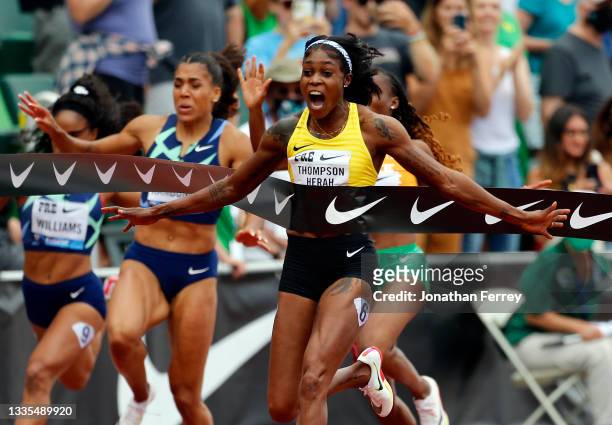 Elaine Thompson-Herah of Jamaica celebrates winning the 100m race during the Wanda Diamond League Prefontaine Classic at Hayward Field on August 21,...