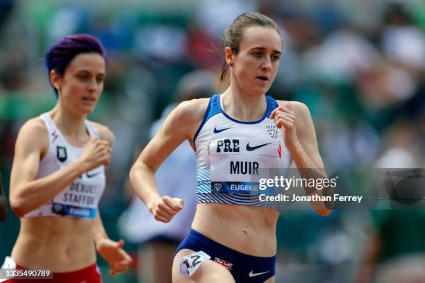 Laura Muir of Great Britain competes in the 1500m race during the Wanda Diamond League Prefontaine Classic at Hayward Field on August 21, 2021 in...