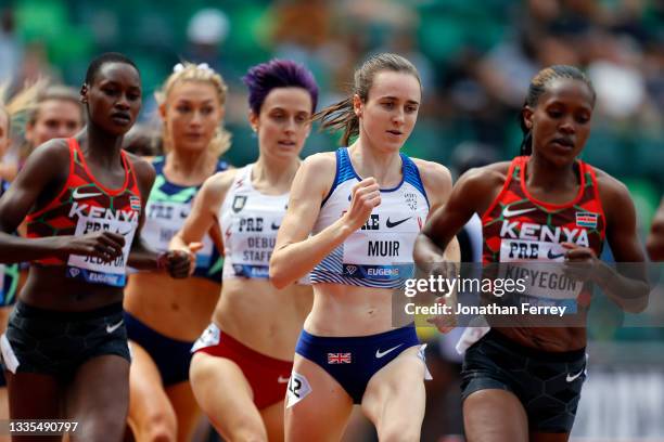 Laura Muir of Great Britain competes in the 1500m race during the Wanda Diamond League Prefontaine Classic at Hayward Field on August 21, 2021 in...