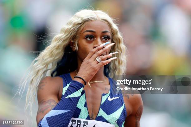 Sha'Carri Richardson reacts after finishing last in the 100m race during the Wanda Diamond League Prefontaine Classic at Hayward Field on August 21,...