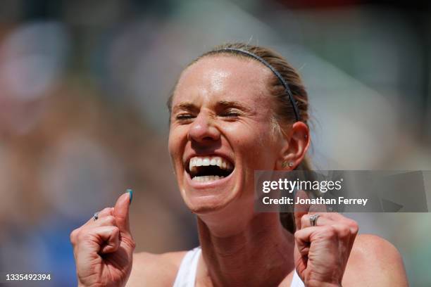 Courtney Frerichs of the United States reacts to setting an American record in the 3000m Steeplechase durnig the Wanda Diamond League Prefontaine...