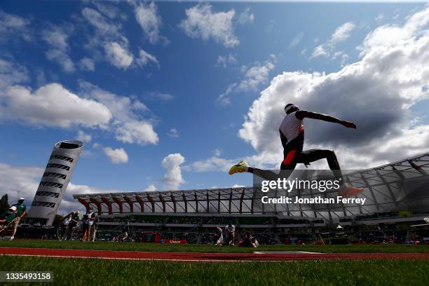 Will Clay of the United States competes in the triple jump during the Wanda Diamond League Prefontaine Classic at Hayward Field on August 21, 2021 in...